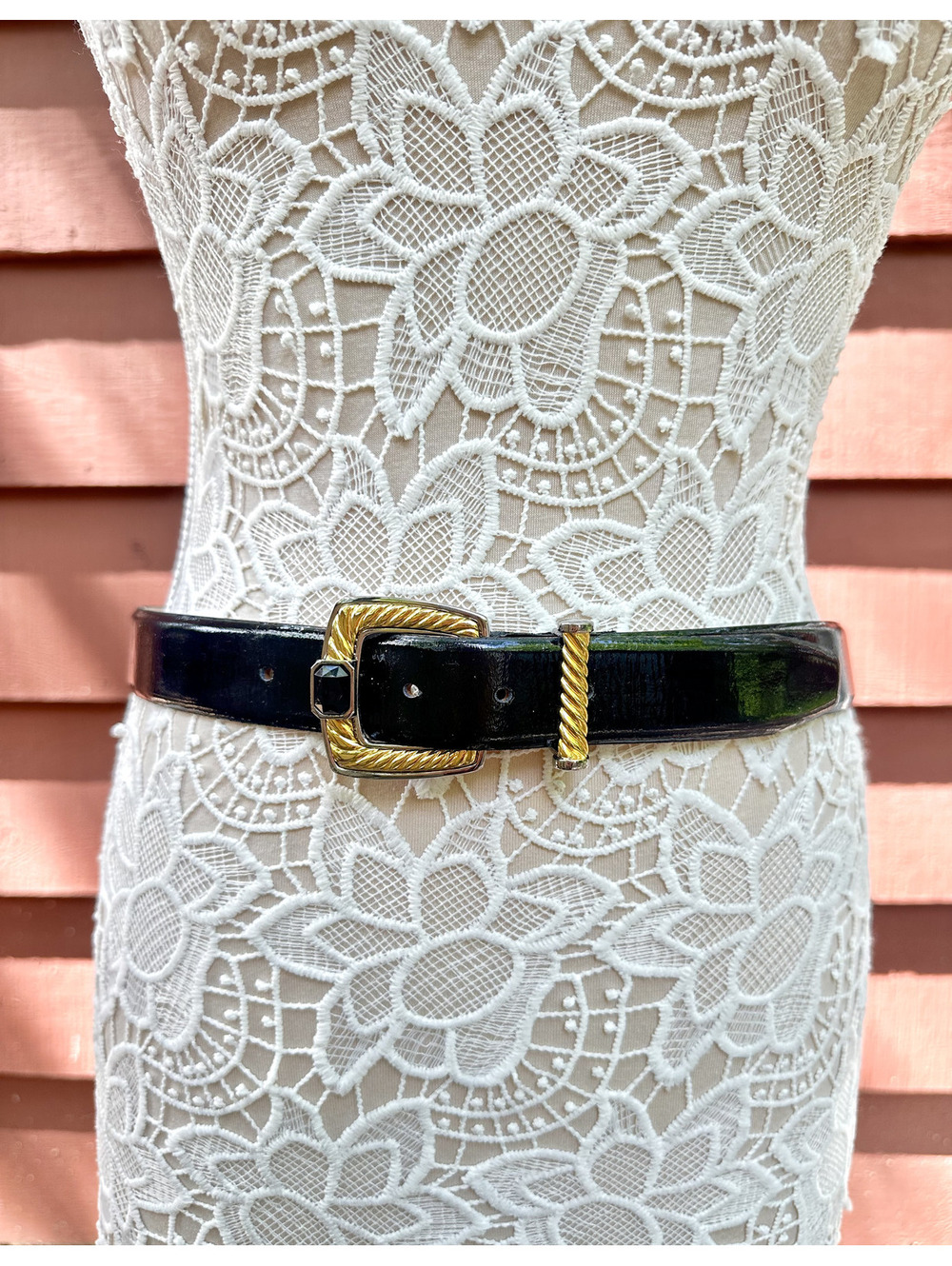 Talbots Vintage Black Patent Leather Belt with Gold Buckle